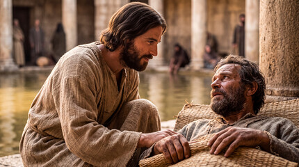 Obraz premium Jesus speaking with a sick man beside a pool of Bethesda.