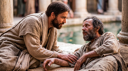 Obraz premium Jesus speaking with a sick man beside a pool of Bethesda.