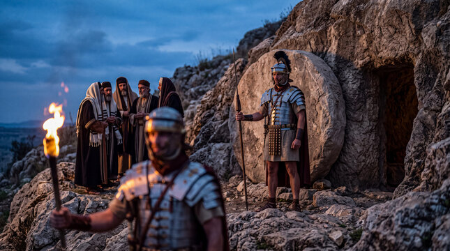 Roman soldiers guard Jesus&rsquo; tomb. Nearby, the Jewish high priests are conversing.
