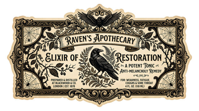 Raven s apothecary label illustration ornate vintage design with black and beige tones