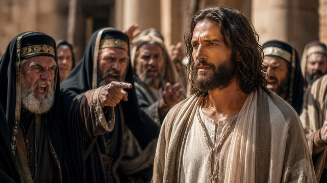 Biblical scene of Jesus Christ debating with religious leaders.