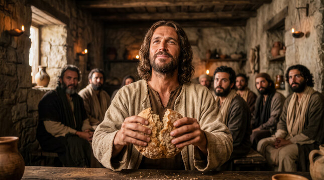 Jesus breaking the bread during Last Supper.