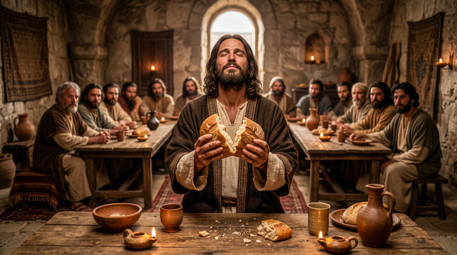 Jesus breaking the bread during Last Supper.