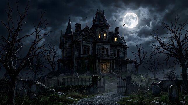 Victorian mansion at night under a full moon