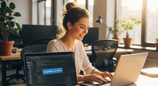 Woman coding successfully on laptop in office