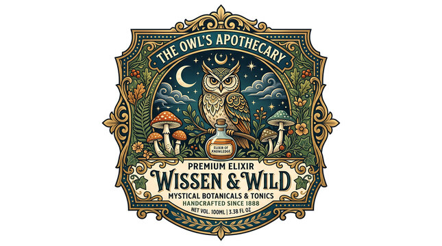 Owl apothecary label design detailed vector illustration with ornate frame and botanicals