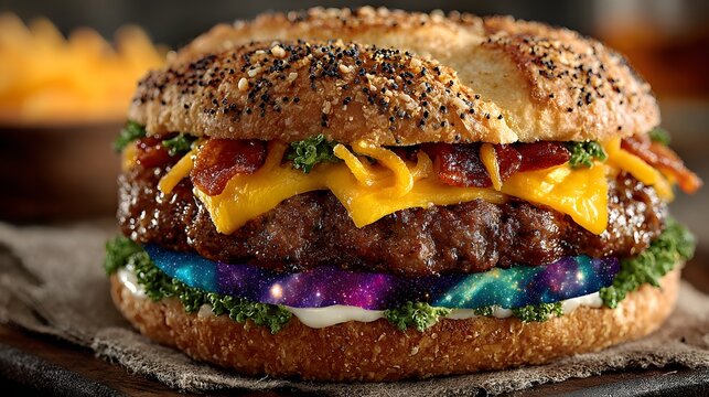 Bacon cheeseburger with galaxy space filling layer close up photo on wooden board for fast food menu background