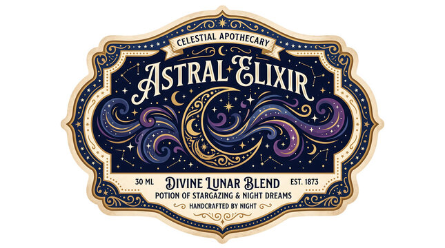 Ornate potion label with celestial motifs detailed vector illustration on white background