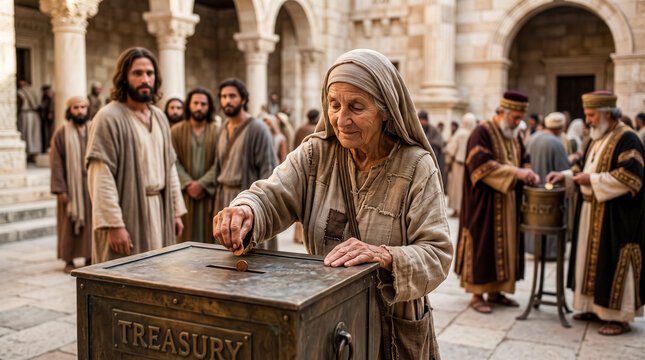 A poor elderly widow drops two small coins into the Temple treasury chest.