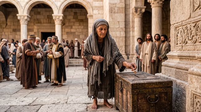 A poor elderly widow drops two small coins into the Temple treasury chest.