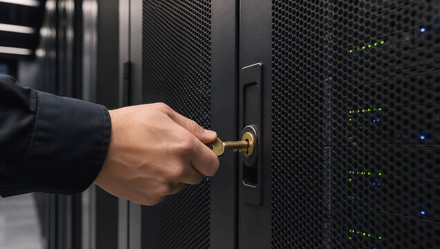 Data center security server rack hand key lock metal door access control cybersecurity technology network data center security hand locking server