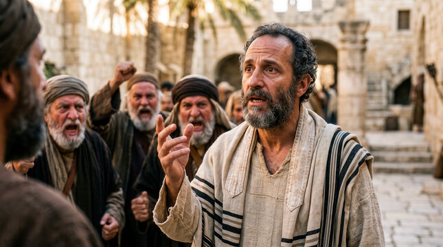 Biblical scene of the apostle Paul debating with religious leaders.