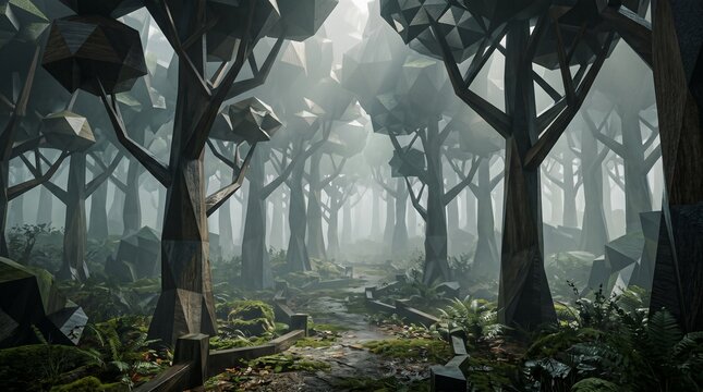 Geometric forest with low poly trees and mysterious fog in a fantasy digital landscape scene