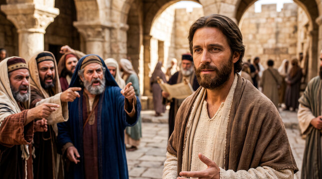Biblical scene of Jesus Christ debating with religious leaders.