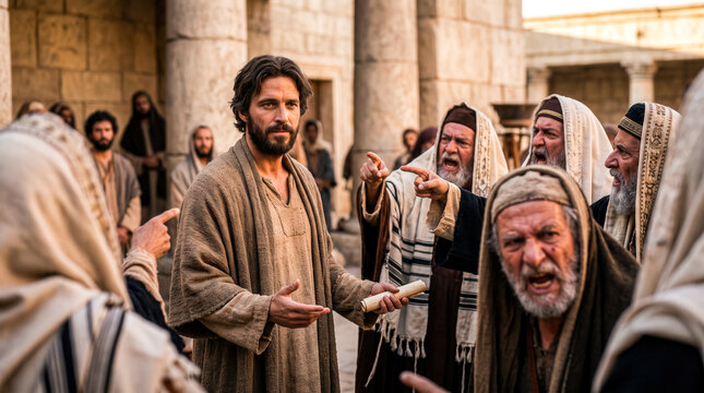 Biblical scene of Jesus Christ debating with religious leaders.