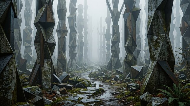 Eerie geometric forest landscape featuring ancient crystalline structures shrouded in thick morning mist on a damp mossy trail