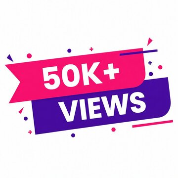 50k plus views badge with colorful geometric shapes and confetti background