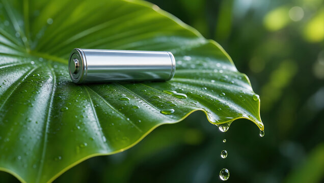 Eco battery leaf green energy concept, silver battery on tropical leaf with water drop, clean power idea and nature background