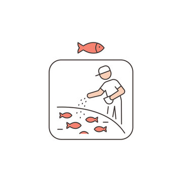Illustration of person feeding fish in a square frame.