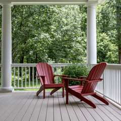 Fototapeta premium Two red wooden chairs on porch with white railing, surrounded by green trees, peaceful outdoor seating, summer atmosphere