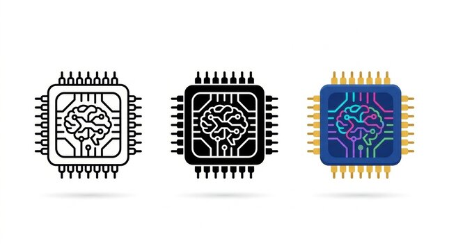 AI Chipset Trinity: A trio of stylized microchip icons, each featuring a brain motif, representing the evolution and impact of artificial intelligence and its integration into technology.