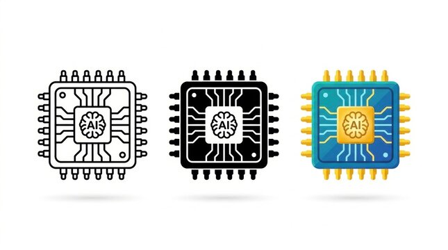 AI Chip Icons: Three distinct icons representing artificial intelligence computer chips, showcasing a line art, silhouette, and a colorful 3D rendering, perfect for technology and innovation themes.