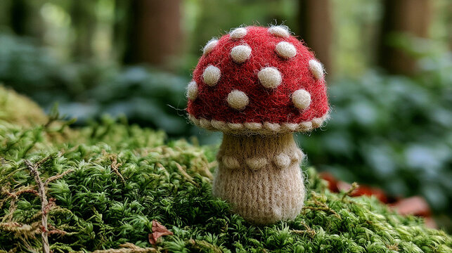 Mushroom ornament made of red and white felt rests upon a vibrant green patch of forest moss in a natural woodland setting.