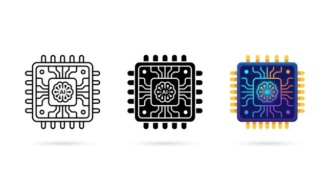 AI Chip Iconography: A collection of three stylized icons representing an artificial intelligence microchip, featuring a central brain motif and surrounding circuit board elements, in outline.