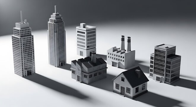 Miniature 3d city models of various building types