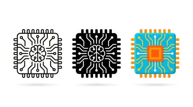 AI Processor Icons: A collection of stylized icons representing an AI processor chip, showcasing the intricate circuitry and a central brain-like design. Includes line art, silhouette.