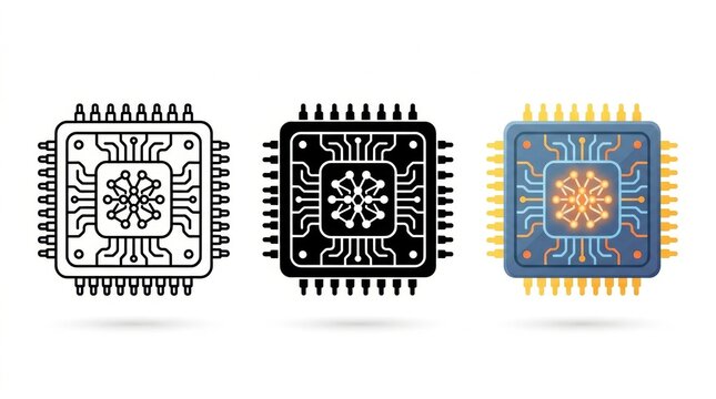 Set of Processor Chip Icons: Three distinct icons representing a central processing unit (CPU) chip, showcasing different styles from outline to filled and colored illustration.