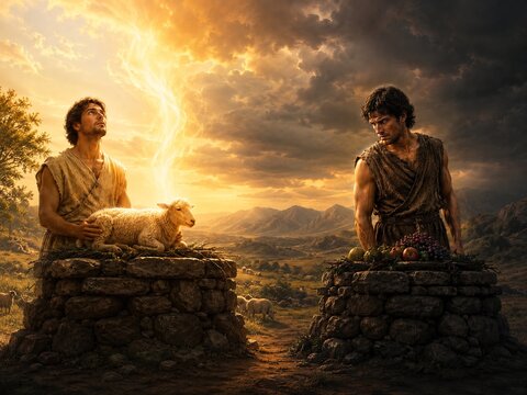 Cain and Abel offering sacrifices to God with a lamb and fruits of the land on stone altars