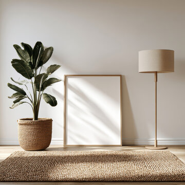 Blank frame indoor plant woven rug floor lamp minimalist decor natural light modern living room neutral color palette