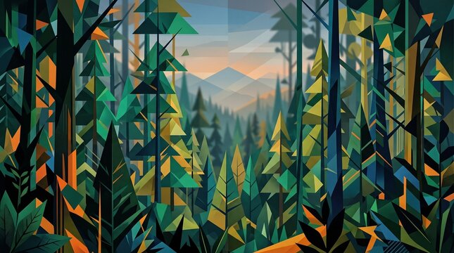 Holographic geometric forest landscape digital art vector illustration featuring pine trees and mountains