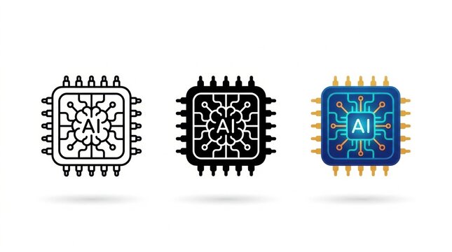 AI Chip Icons: A collection of stylized icons representing Artificial Intelligence processors, showcasing the intricate circuitry and digital intelligence that drives modern technology.