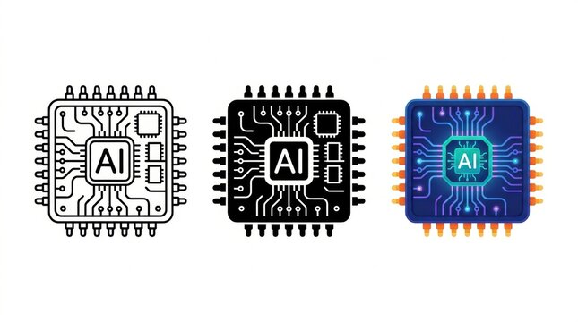 Artificial Intelligence Chipset Collection: A trio of stylized AI chip icons, ranging from a minimalist outline to a vibrant, glowing circuit board.