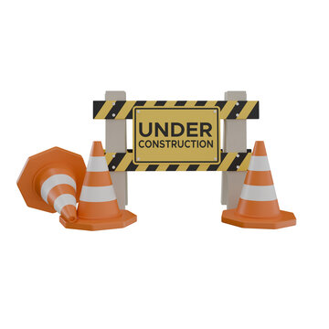 3D rendering featuring an under-construction barricade board accompanied by orange traffic cones. This visual is highly versatile and ideal for website error pages, online maintenance announcements