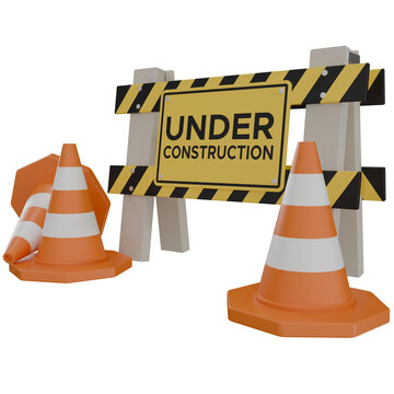 3D rendering featuring an under-construction barricade board accompanied by orange traffic cones. This visual is highly versatile and ideal for website error pages, online maintenance announcements
