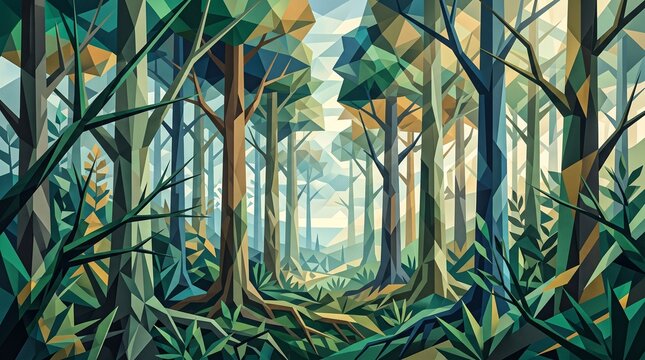 Abstract geometric polygon forest landscape with stylized lowpoly trees