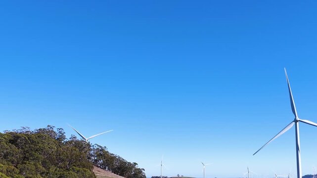 Wind Turbines Rotating on a Forested Hillside Under Blue Sky