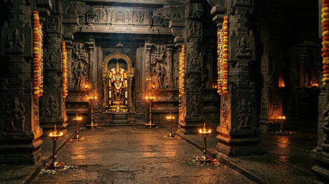 Sacred Sanctum: A dimly lit ancient Hindu temple interior, adorned with intricate carvings and illuminated by flickering oil lamps, leads to the divine presence of a deity at the altar.
