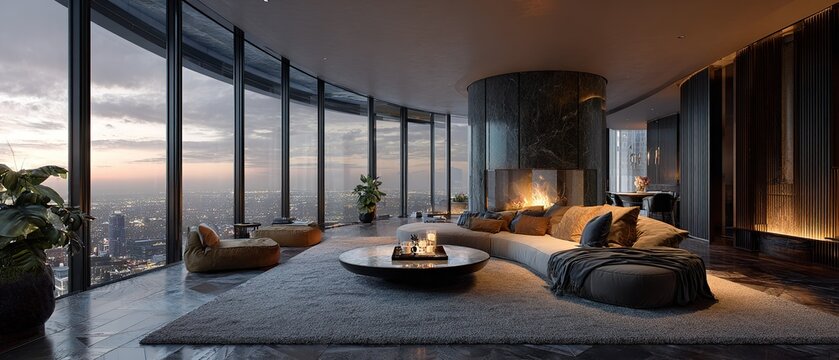Modern luxury penthouse living room with panoramic city skyline view