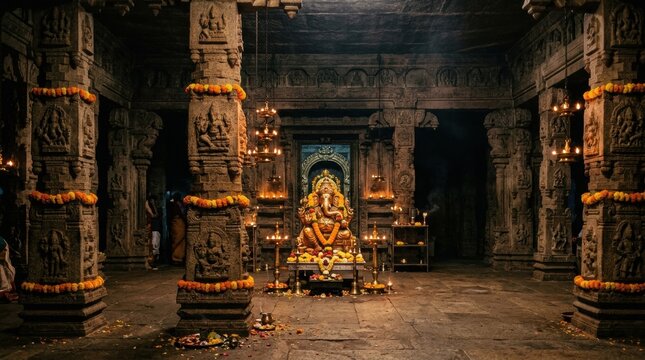 Sacred Sanctuary: A majestic Ganesha idol, adorned in gold and flowers, presides over a dimly lit ancient temple hall, illuminated by rows of flickering oil lamps.