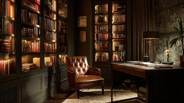 Elegant home library interior with leather armchair and bookshelves