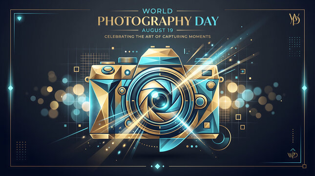Geometric Camera Vector Artwork With Blue And Gold Accents