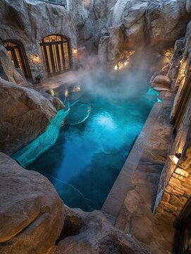 Luxury stone grotto pool with steaming blue water and warm lighting