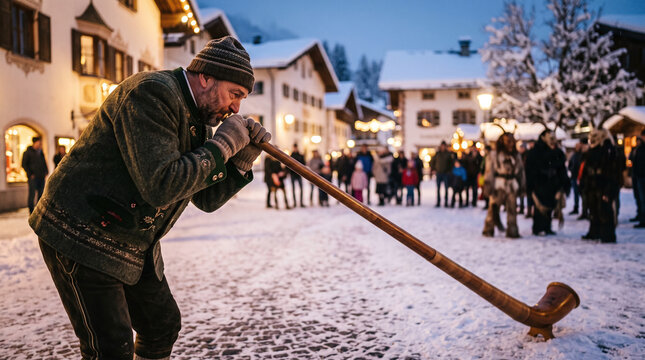 Traditional alphorn player performing in a snowy alpine village during Krampus
