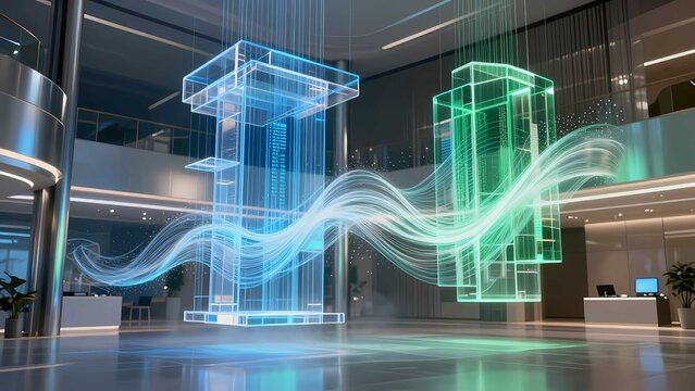 Luxury digital business environment featuring transparent crystal structures and cinematic futuristic lighting