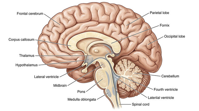 Sagittal section of human brain showing internal structures
