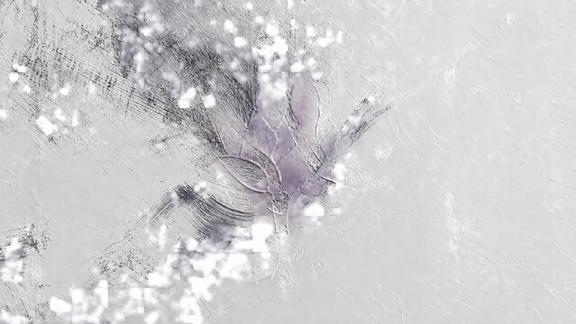 Delicate frost crystals and wispy feathery ice patterns with soft purple tint on white abstract background